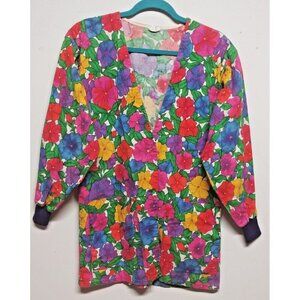 Tafford Scrub Top Womens S/M/L multicolor floral VIBRANT Button Up Long Sleeve
